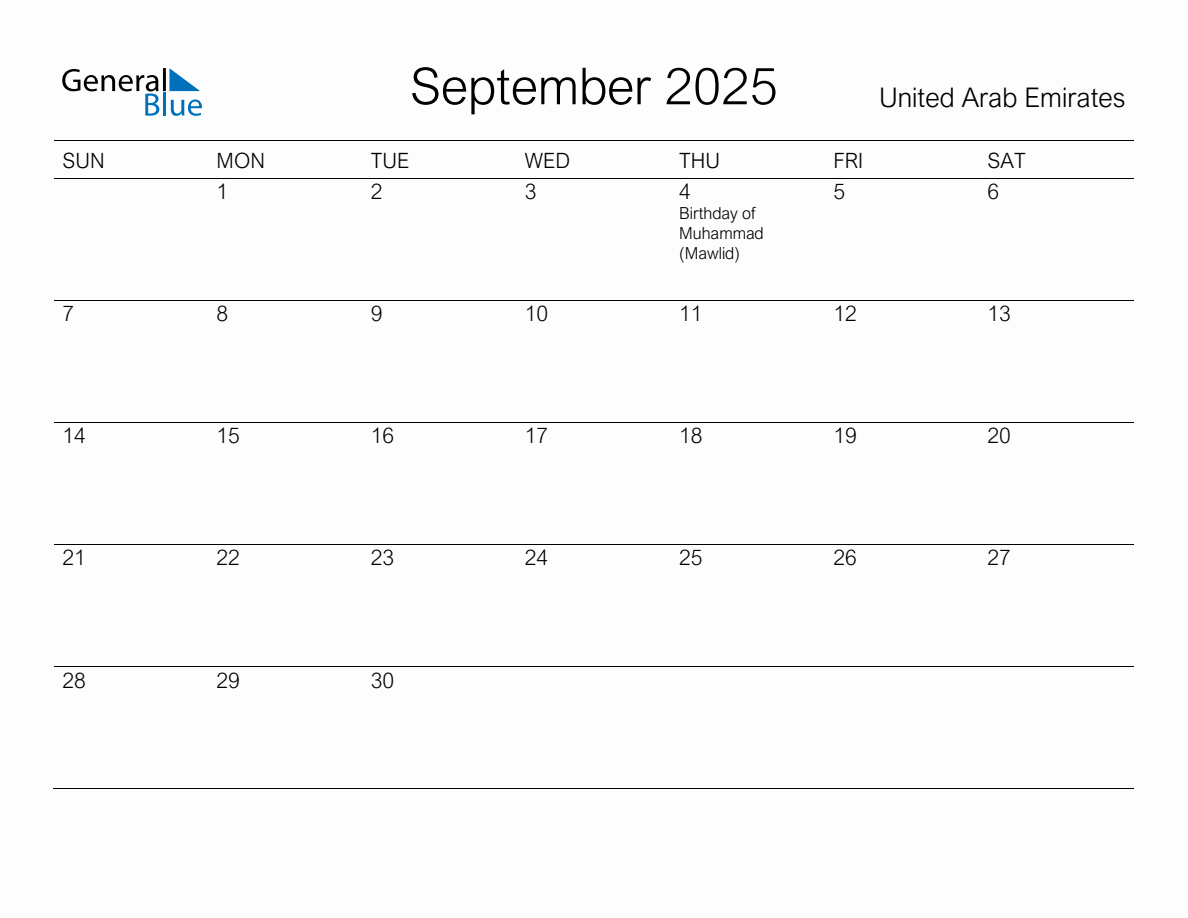 Printable September 2025 Monthly Calendar with Holidays for United Arab