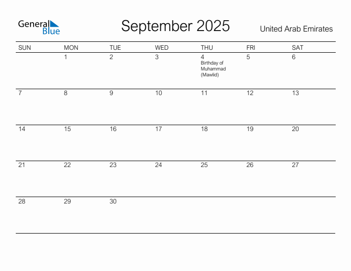 Printable September 2025 Calendar for United Arab Emirates
