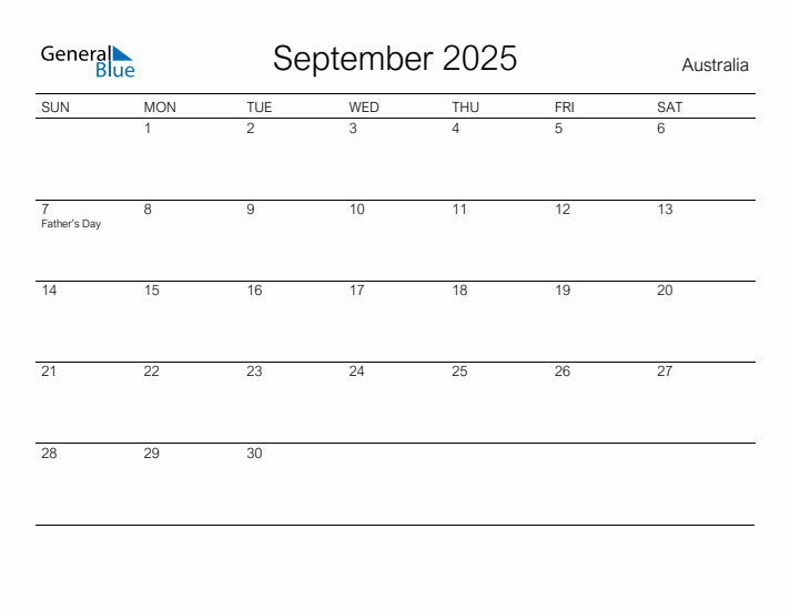 Printable September 2025 Calendar for Australia