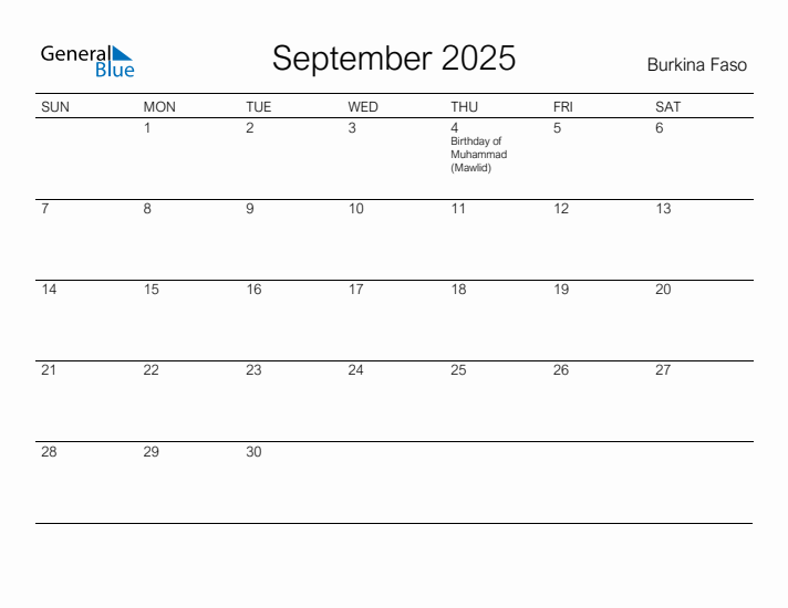 Printable September 2025 Calendar for Burkina Faso