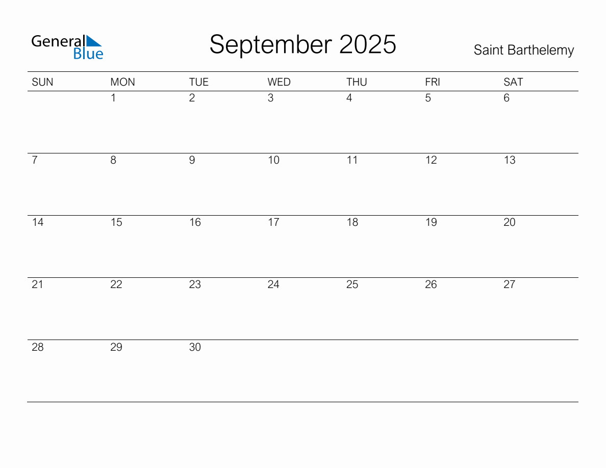 Printable September 2025 Monthly Calendar with Holidays for Saint Barthelemy