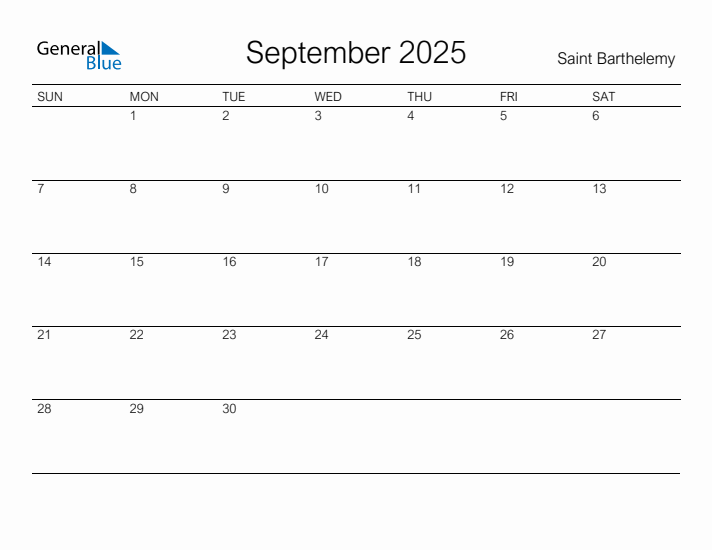 Printable September 2025 Calendar for Saint Barthelemy
