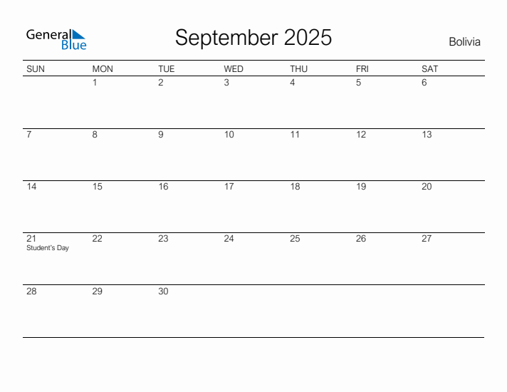 Printable September 2025 Calendar for Bolivia