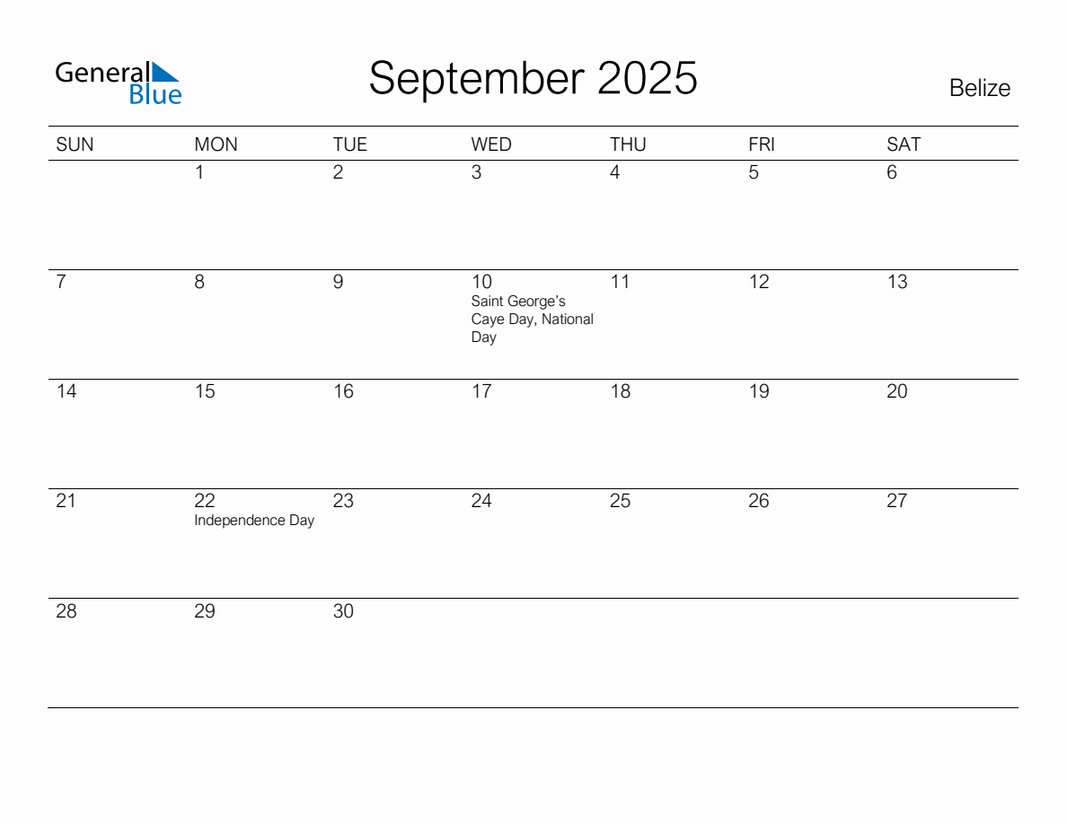 Printable September 2025 Monthly Calendar with Holidays for Belize