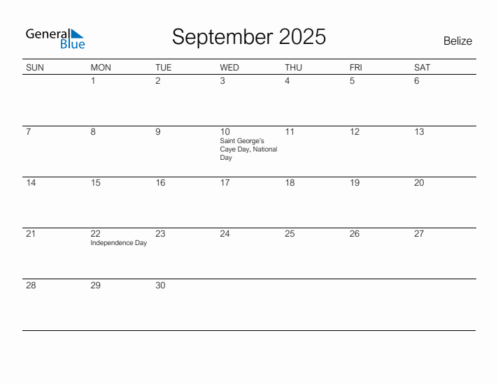 Printable September 2025 Monthly Calendar with Holidays for Belize