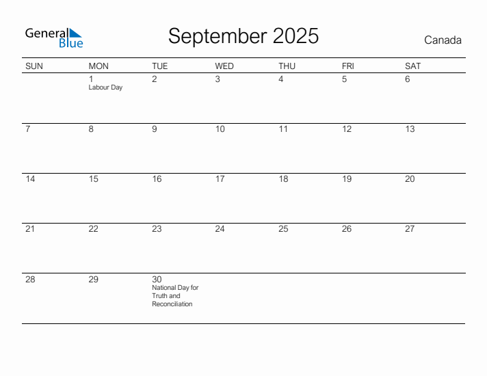 Printable September 2025 Calendar for Canada