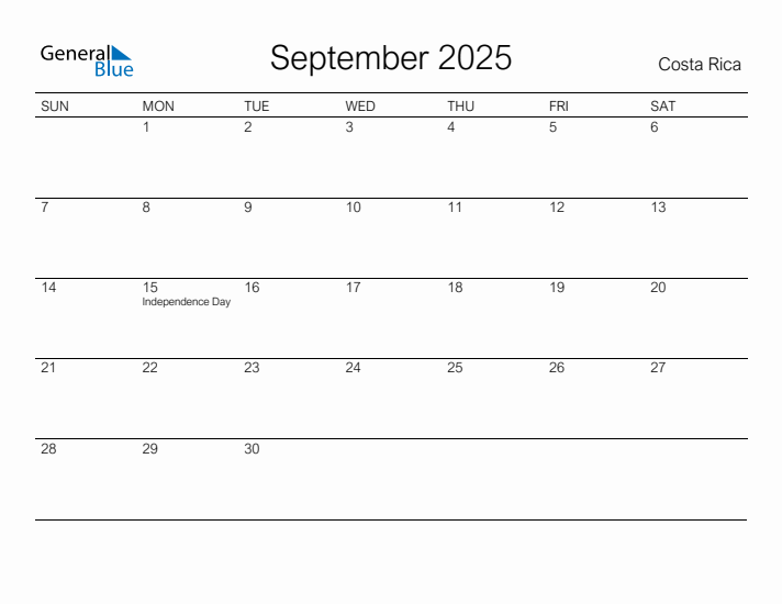 Printable September 2025 Calendar for Costa Rica