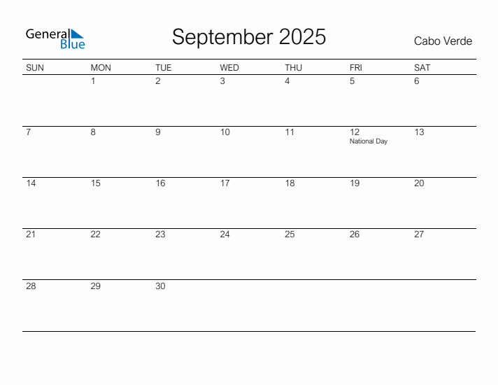 Printable September 2025 Calendar for Cabo Verde
