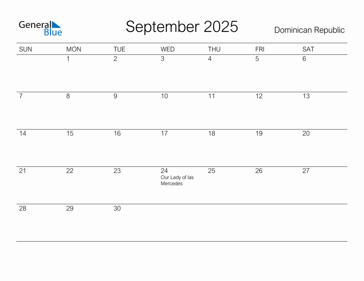 Printable September 2025 Monthly Calendar with Holidays for Dominican