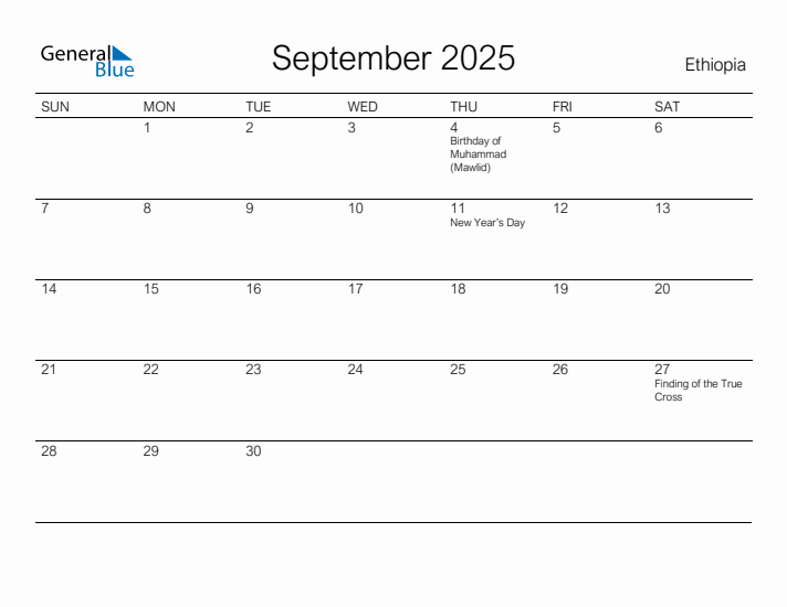 Printable September 2025 Calendar for Ethiopia