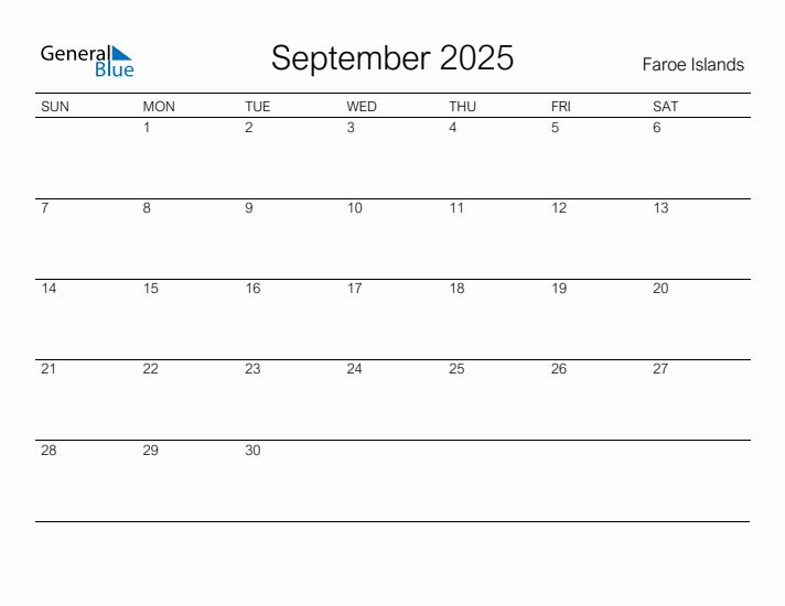 Printable September 2025 Calendar for Faroe Islands