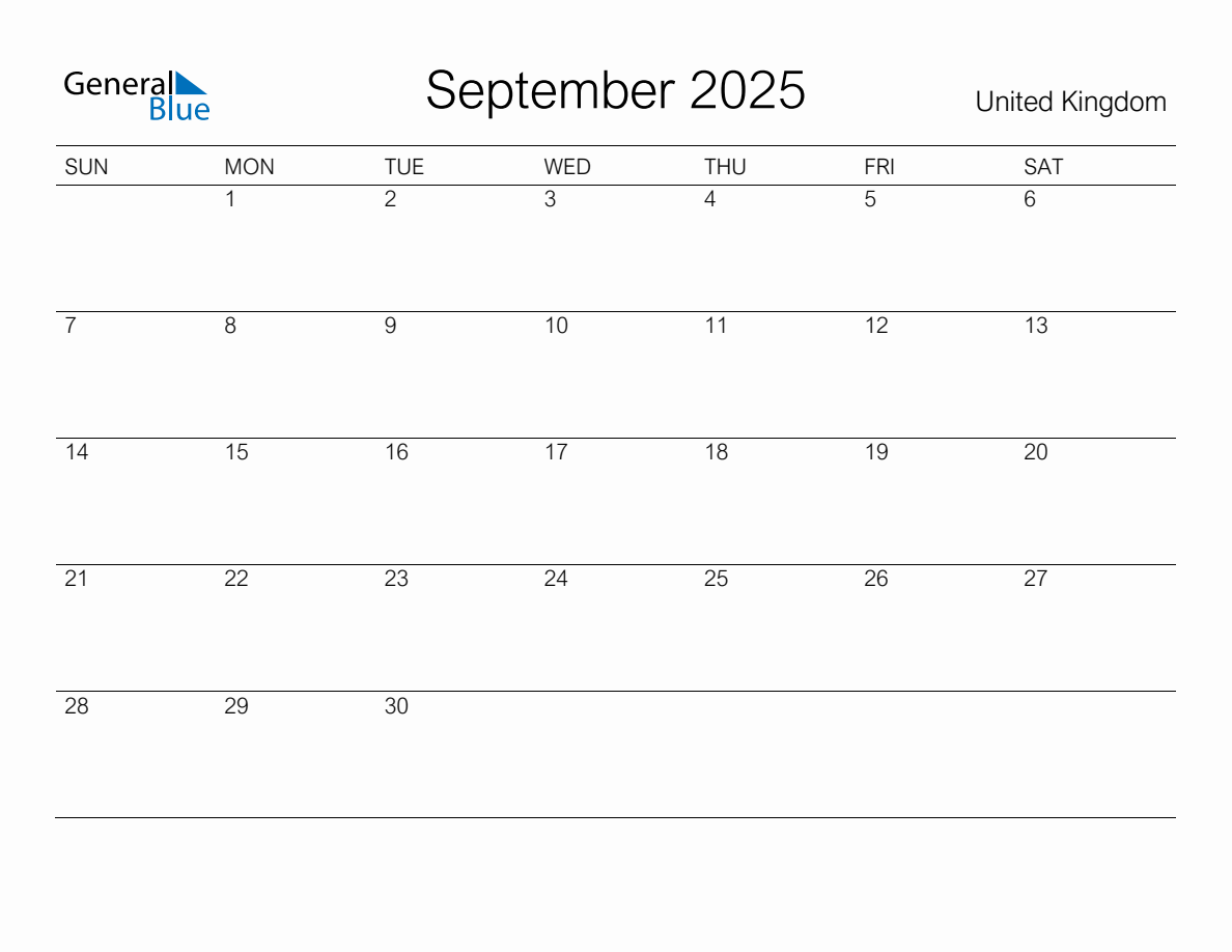 Printable September 2025 Monthly Calendar with Holidays for United Kingdom