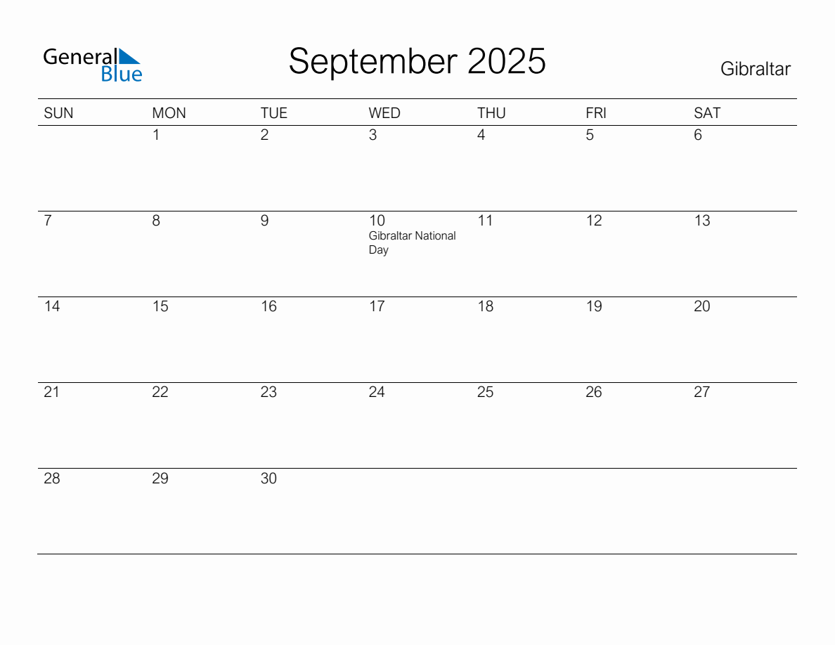 Printable September 2025 Monthly Calendar with Holidays for Gibraltar