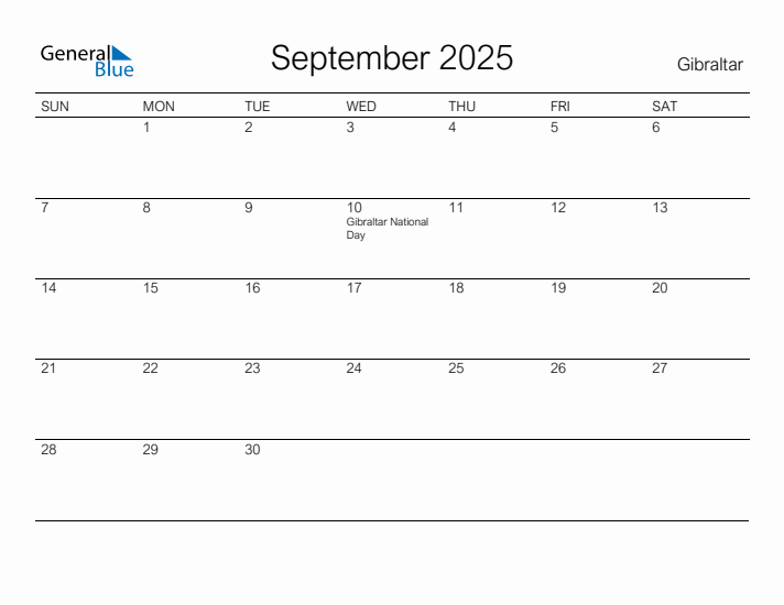 Printable September 2025 Calendar for Gibraltar