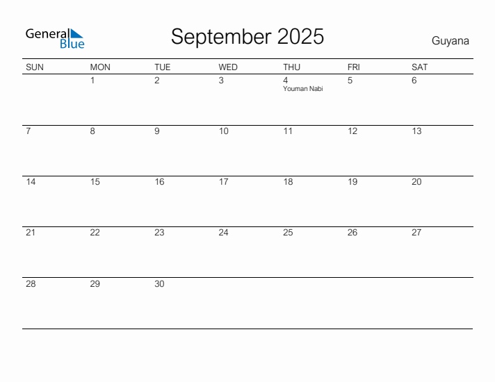 Printable September 2025 Calendar for Guyana
