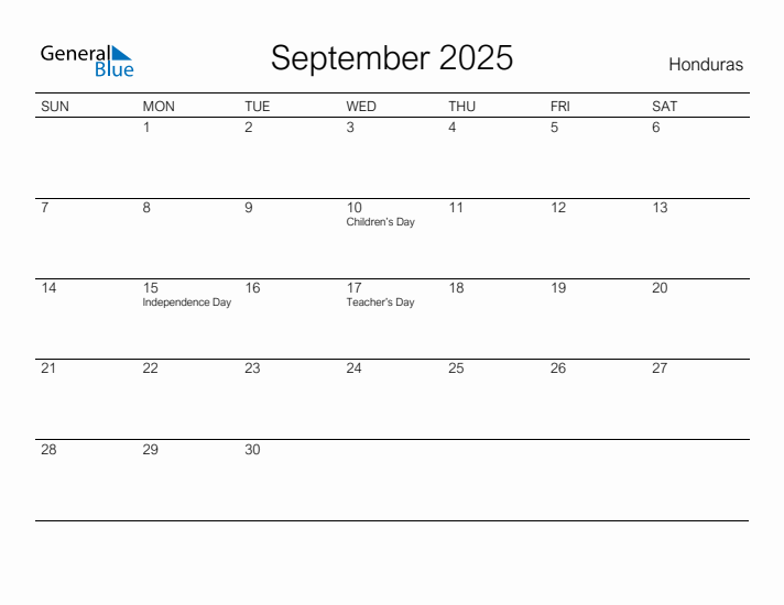 Printable September 2025 Calendar for Honduras