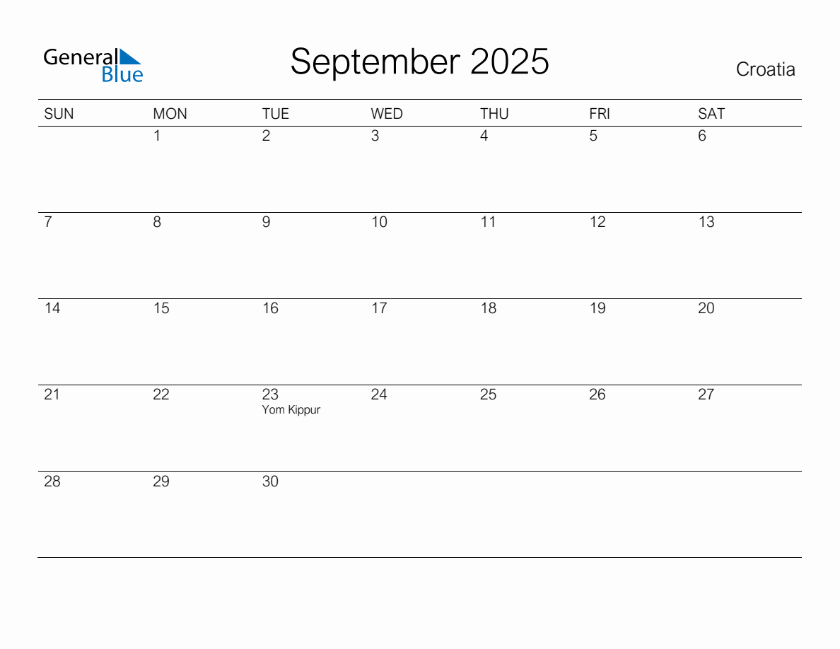 Printable September 2025 Monthly Calendar with Holidays for Croatia