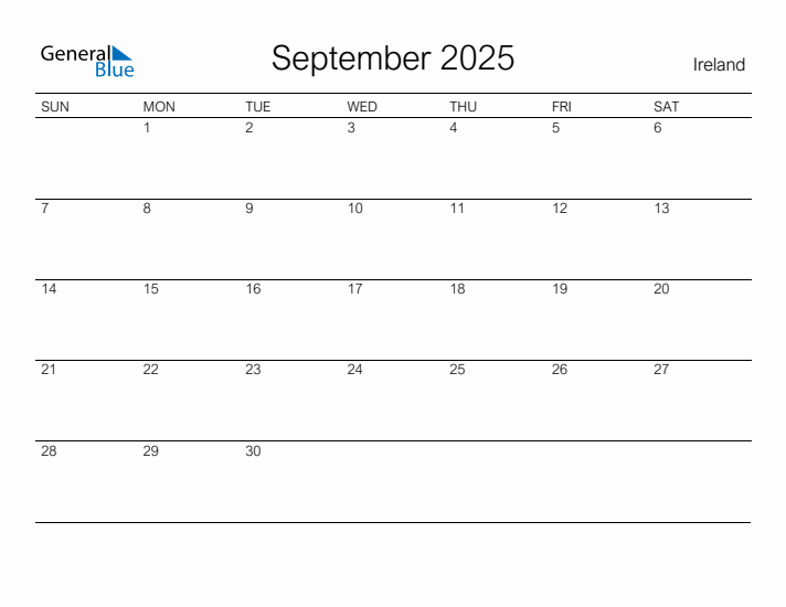 Printable September 2025 Monthly Calendar with Holidays for Ireland