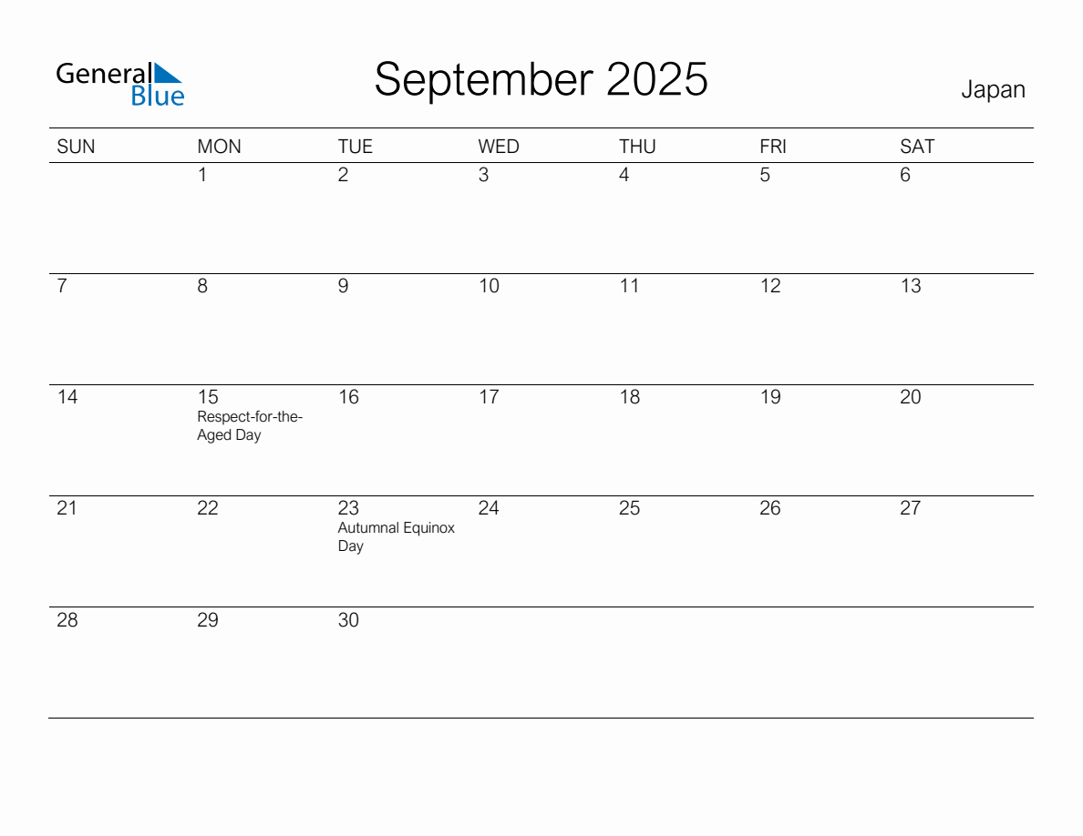 Printable September 2025 Monthly Calendar with Holidays for Japan