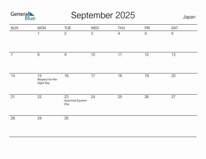 Printable September 2025 Calendar for Japan