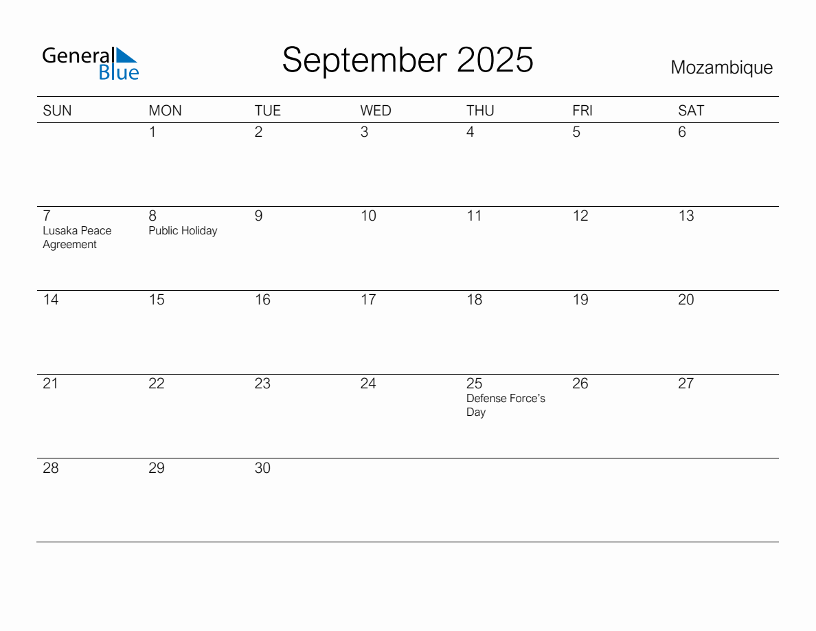 Printable September 2025 Monthly Calendar with Holidays for Mozambique