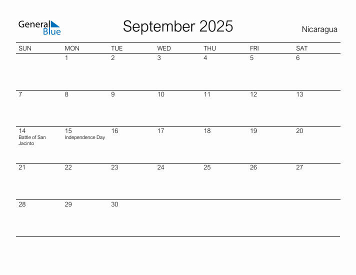 Printable September 2025 Calendar for Nicaragua