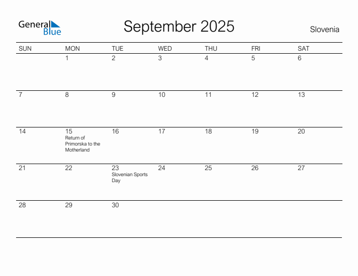 September 2025 Calendar with Slovenia Holidays