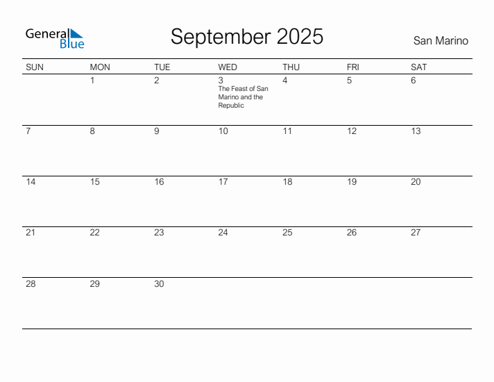 Printable September 2025 Calendar for San Marino