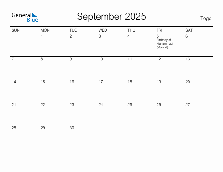 Printable September 2025 Calendar for Togo