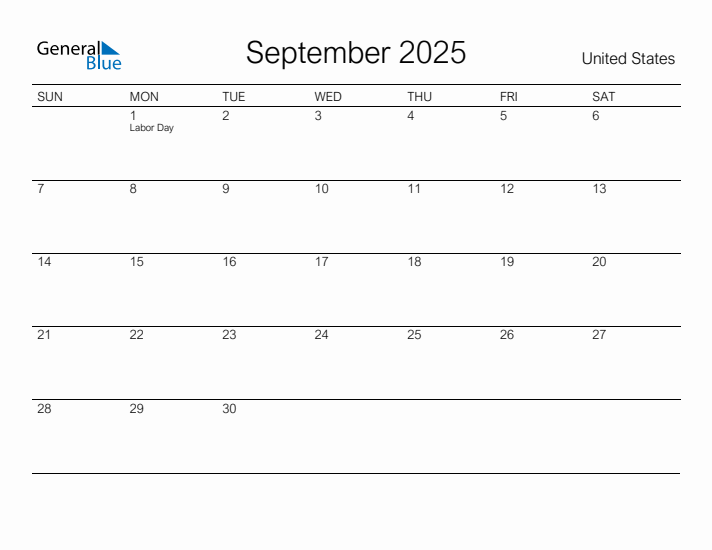 Printable September 2025 Monthly Calendar with Holidays for United States