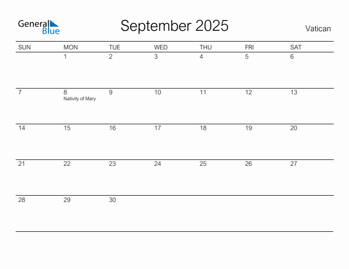 Printable September 2025 Calendar for Vatican