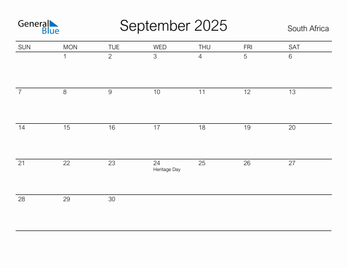 September 2025 Monthly Calendar with South Africa Holidays