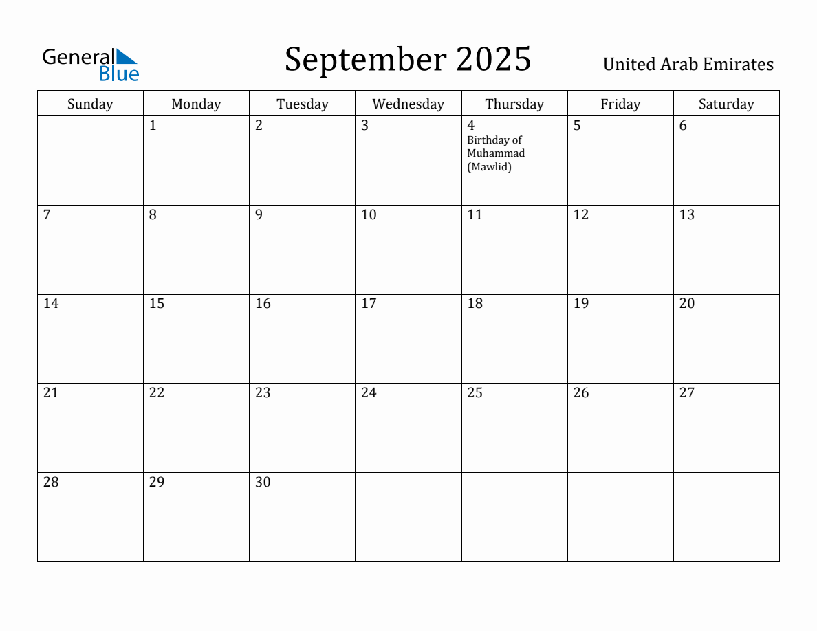 September 2025 Monthly Calendar with United Arab Emirates Holidays