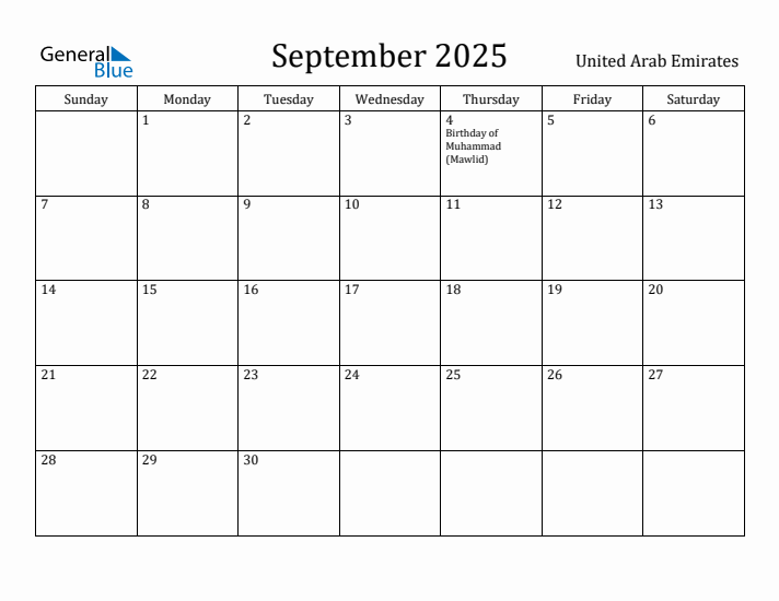 September 2025 Calendar United Arab Emirates