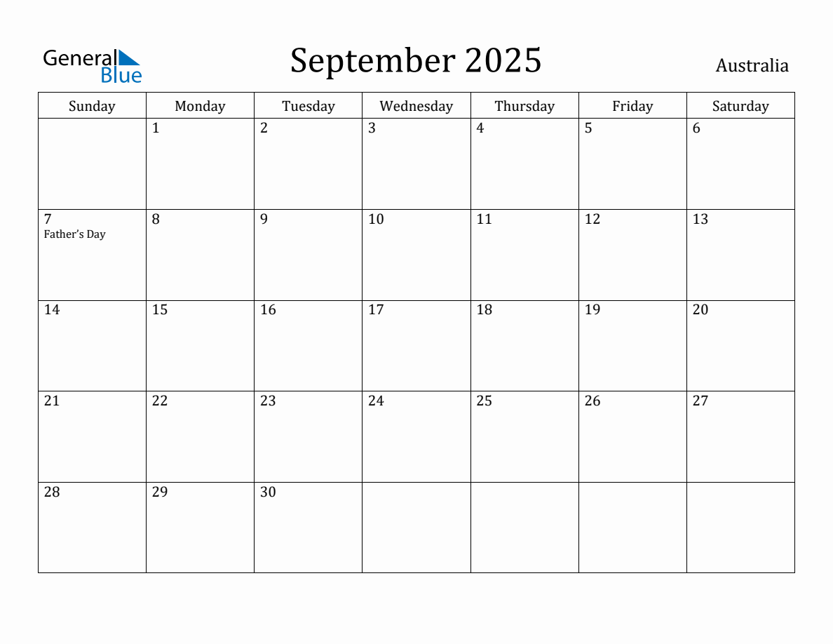 September 2025 Monthly Calendar with Australia Holidays