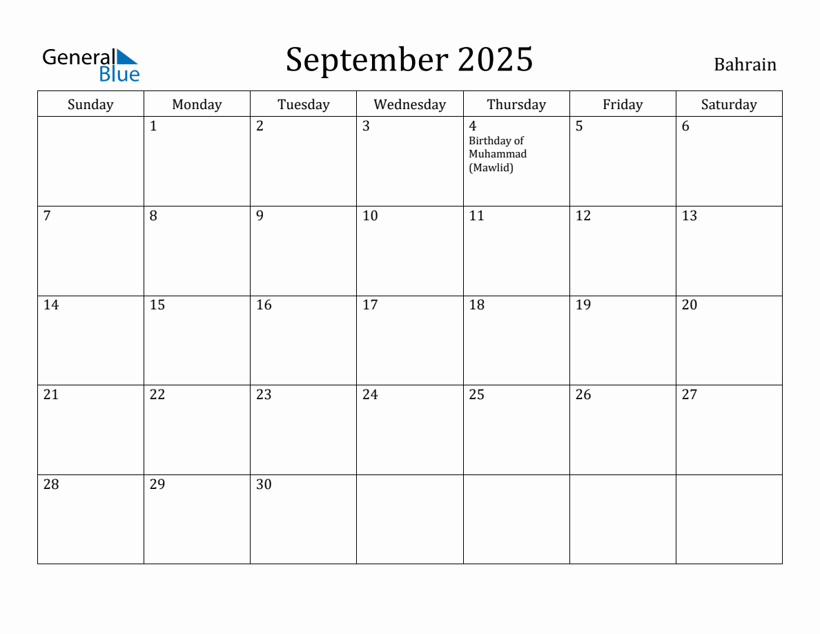 September 2025 Monthly Calendar with Bahrain Holidays