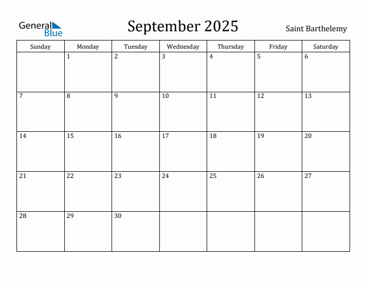 September 2025 Calendar Saint Barthelemy