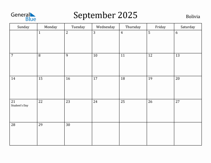 September 2025 Calendar Bolivia
