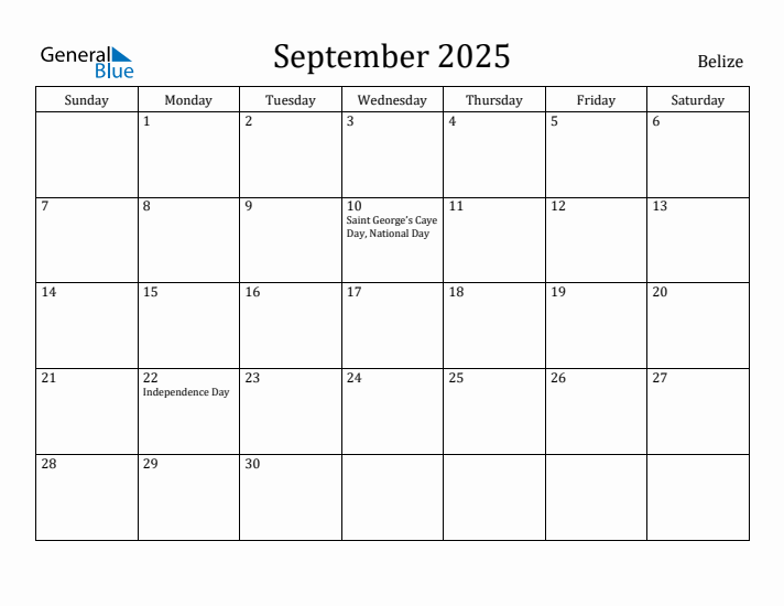 September 2025 Calendar Belize