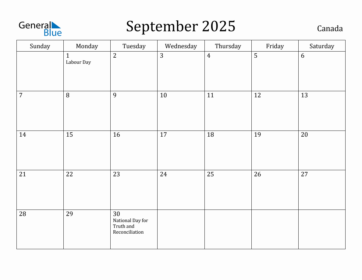 September 2025 Monthly Calendar with Canada Holidays