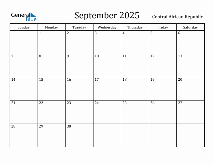 September 2025 Calendar Central African Republic