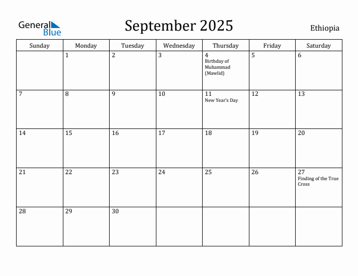 September 2025 Monthly Calendar with Ethiopia Holidays