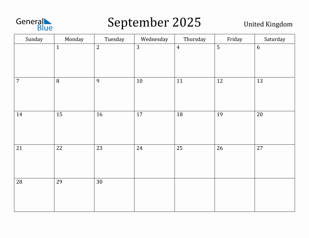 September 2025 Monthly Calendar with United Kingdom Holidays