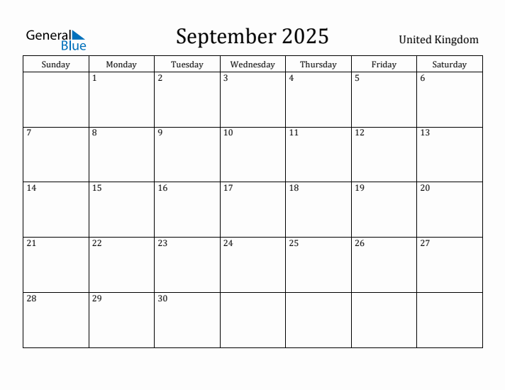 September 2025 Calendar United Kingdom