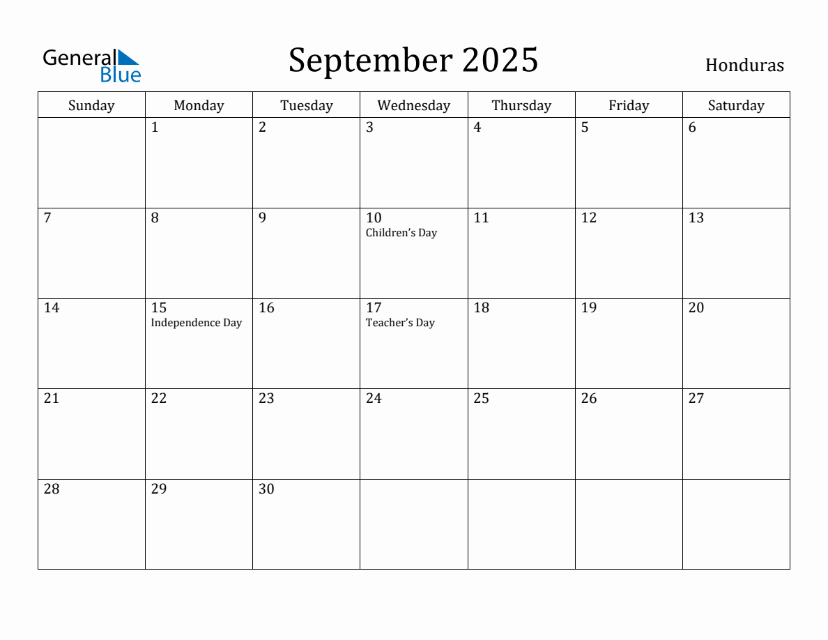 September 2025 Monthly Calendar with Honduras Holidays