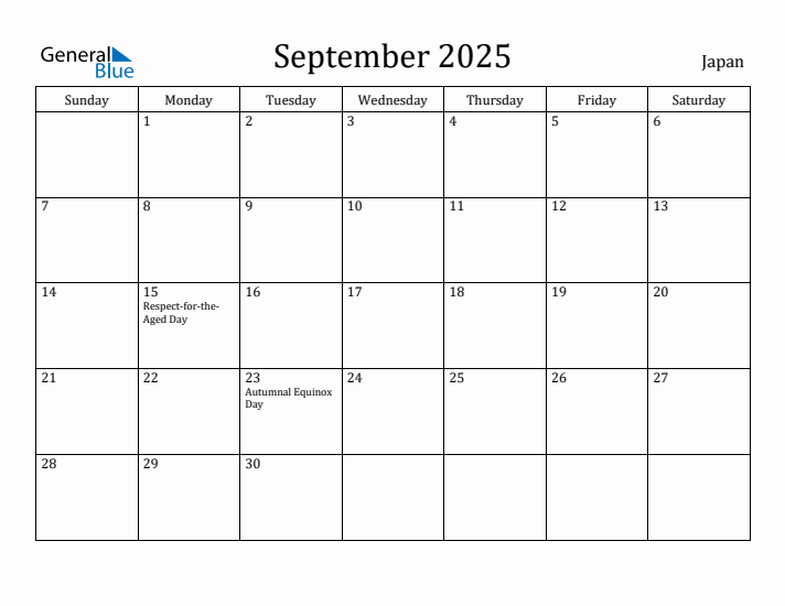 September 2025 Monthly Calendar with Japan Holidays