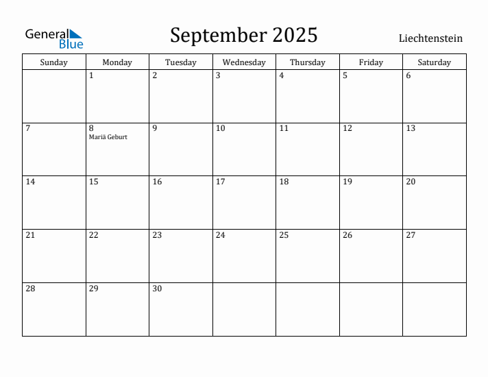 September 2025 Calendar Liechtenstein