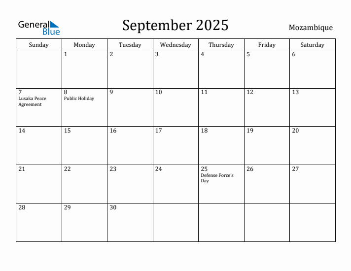 September 2025 Calendar Mozambique