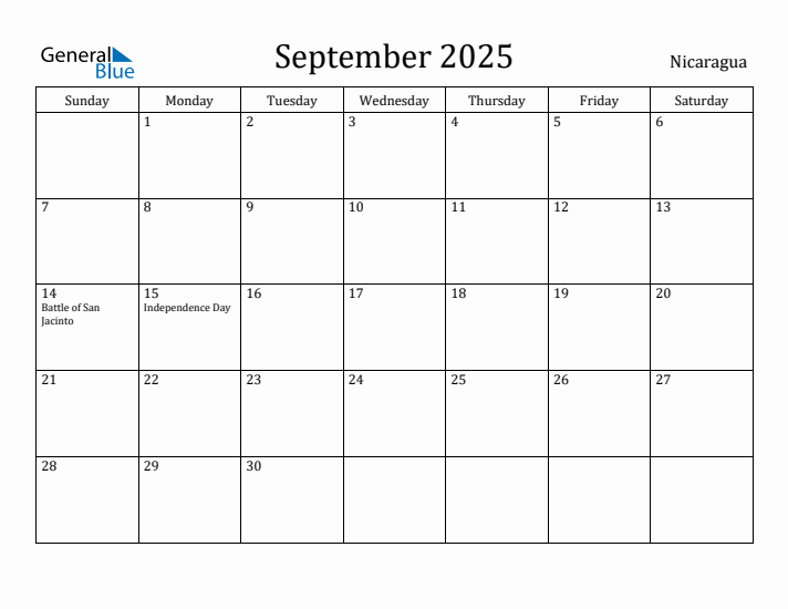 September 2025 Calendar Nicaragua