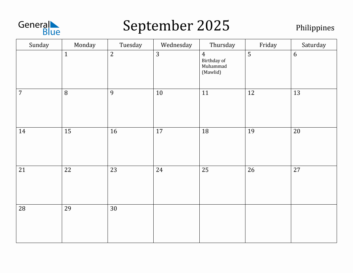 September 2025 Monthly Calendar with Philippines Holidays